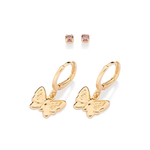KIT BRINCO SOLITÁRIO E ARGOLA COM BORBOLETA BANHADO A OURO 18K COM ZIRCÔNIAS