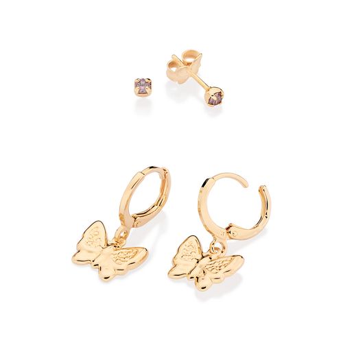 KIT BRINCO SOLITÁRIO E ARGOLA COM BORBOLETA BANHADO A OURO 18K COM ZIRCÔNIAS