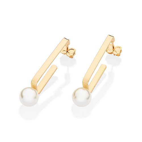 BRINCO MEIA ARGOLA RETANGULAR BANHADO A OURO 18K COM PÉROLAS SINTÉTICAS
