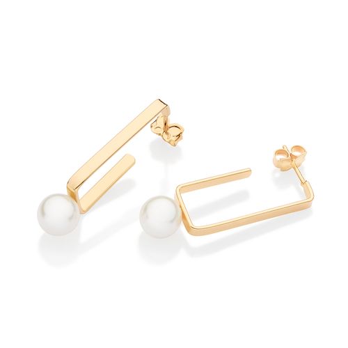 BRINCO MEIA ARGOLA RETANGULAR BANHADO A OURO 18K COM PÉROLAS SINTÉTICAS